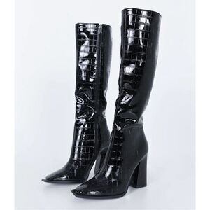 Princess Polly MERCURY Crocodile Heeled BOOTS Black Size 9 Square Toe